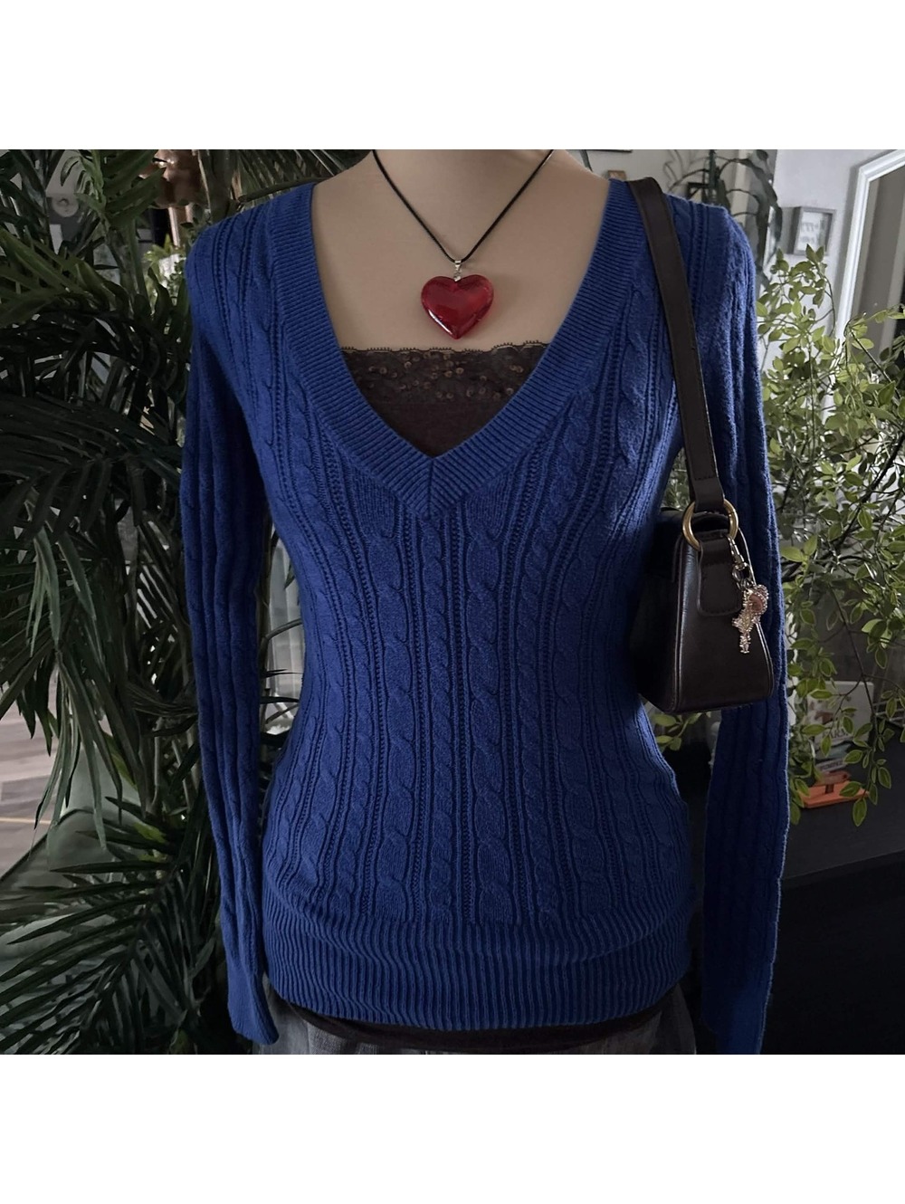 y2k blue fitted cable knit sweater